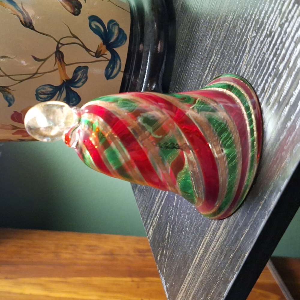 Gold, red, & green 4 inch tall holiday glass bell